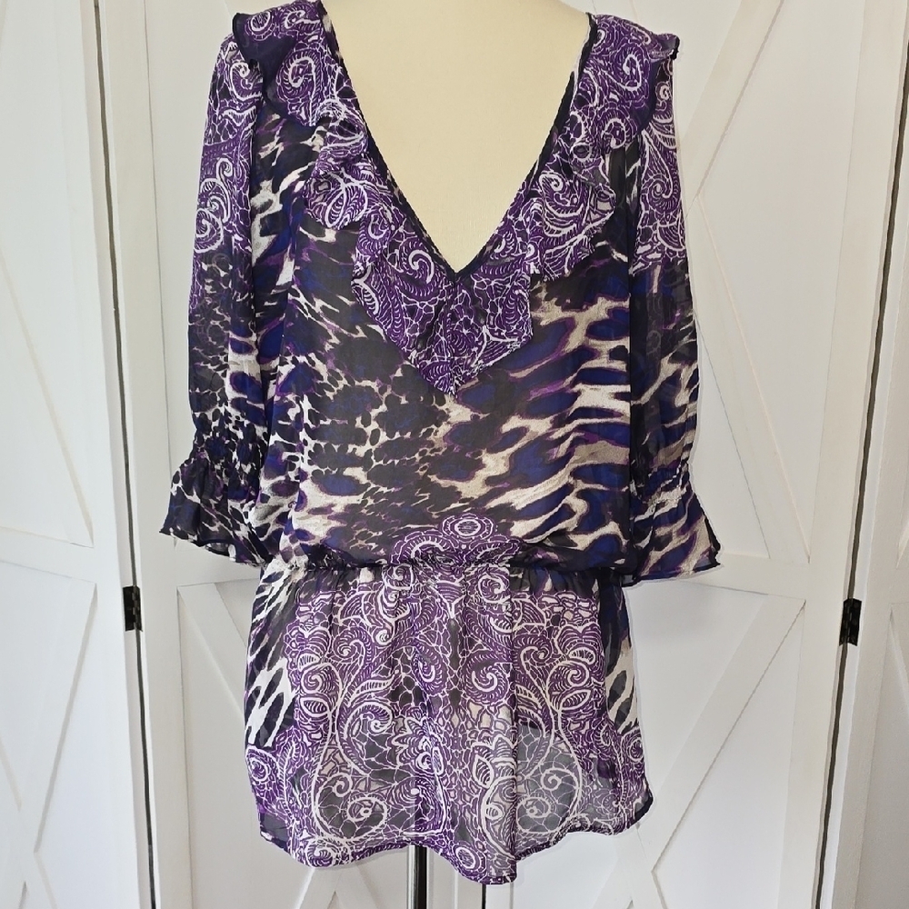 Bisou Bisou Purple Floral Patterned Women's Blouse